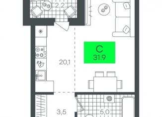Квартира на продажу студия, 31.9 м2, Тюмень, Калининский округ, улица Василия Малкова, 5