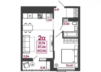 2-комнатная квартира на продажу, 40.4 м2, Пенза, улица Измайлова, 41В