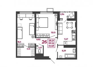 2-ком. квартира на продажу, 61.5 м2, Пенза, улица Измайлова, 41В