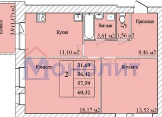 Продам 2-ком. квартиру, 57.6 м2, Ярославль, Дзержинский район