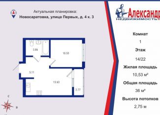 Продажа 1-ком. квартиры, 36 м2, деревня Новосаратовка, улица Первых, 4к3