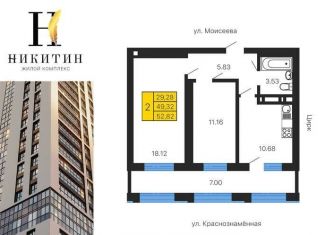 Двухкомнатная квартира на продажу, 52.8 м2, Воронеж, улица Лётчика Щербакова, 5, Ленинский район