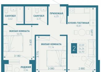 Продам 2-комнатную квартиру, 56.9 м2, посёлок Берёзовый