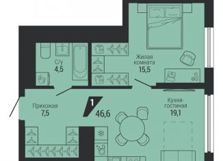 Однокомнатная квартира на продажу, 46.6 м2, Свердловская область, проспект Космонавтов, 100