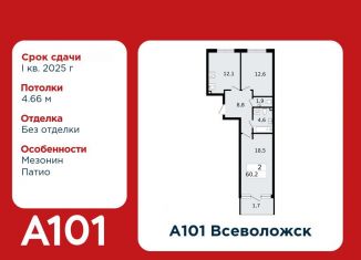 Двухкомнатная квартира на продажу, 60.2 м2, Всеволожск, микрорайон Южный, 1.3