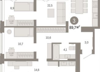 Трехкомнатная квартира на продажу, 89.7 м2, Тюмень, Ленинский округ