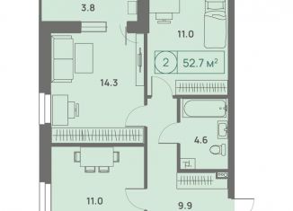 Продаю двухкомнатную квартиру, 52.7 м2, Пермский край, Трамвайная улица, 27