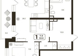 Продам 1-ком. квартиру, 62.1 м2, Тюмень, Центральный округ