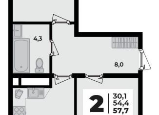 Продается 2-комнатная квартира, 57.7 м2, Адыгея