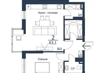 2-ком. квартира на продажу, 63.1 м2, Красноярск, Центральный район