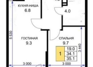 1-ком. квартира на продажу, 35.1 м2, Краснодар, улица имени Валерия Вишневецкого, 13, ЖК Отрада