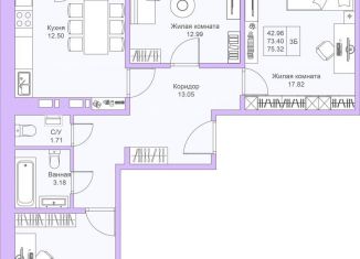 Продается 3-ком. квартира, 75.3 м2, Казань, ЖК Светлая Долина