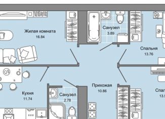 3-комнатная квартира на продажу, 74 м2, Ульяновск, ЖК Центрополис