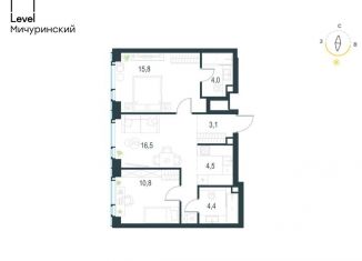 Трехкомнатная квартира на продажу, 59.1 м2, Москва, жилой комплекс Левел Мичуринский, к3