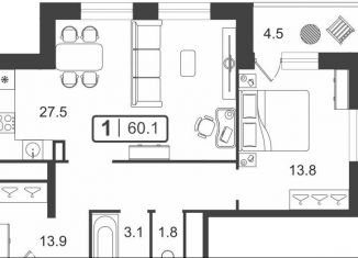 Продаю 1-ком. квартиру, 60.1 м2, Тюменская область