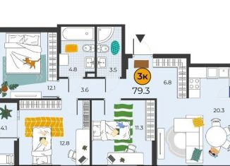 Продается трехкомнатная квартира, 79.3 м2, Тюмень, Восточный округ, улица Мельникайте, 151к2