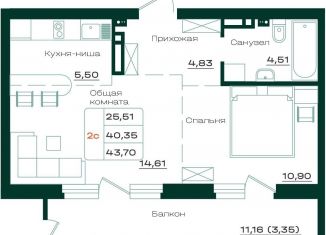 Продаю двухкомнатную квартиру, 43.7 м2, Барнаул, Железнодорожный район