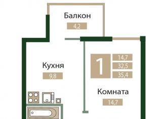 Однокомнатная квартира на продажу, 35.4 м2, посёлок городского типа Молодёжное
