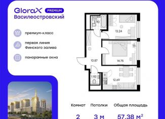 Двухкомнатная квартира на продажу, 57.4 м2, Санкт-Петербург, муниципальный округ Морской, улица Челюскина, 10