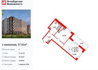 1-комнатная квартира на продажу, 37.9 м2, Санкт-Петербург, метро Улица Дыбенко