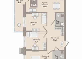 Продается трехкомнатная квартира, 69.6 м2, Курганская область, 12-й микрорайон, 1