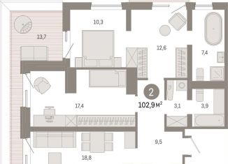 Продаю 2-ком. квартиру, 102.9 м2, Екатеринбург, улица Стачек, 62, ЖК Северный Квартал