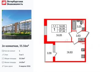 Продается 1-комнатная квартира, 35.6 м2, Санкт-Петербург, метро Звёздная