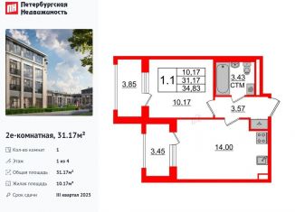 Продажа 1-комнатной квартиры, 31.2 м2, посёлок Стрельна