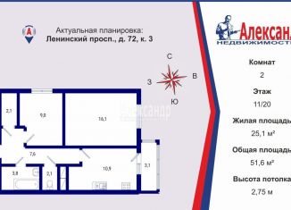 Продаю 2-комнатную квартиру, 51.6 м2, Санкт-Петербург, Ленинский проспект, 72к3, метро Автово