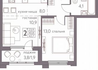 Двухкомнатная квартира на продажу, 42.7 м2, Пермь, ЖК Погода, Серебристая улица, 3