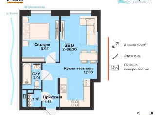 Продаю 2-комнатную квартиру, 35.9 м2, Ульяновск, Заволжский район, жилой комплекс Акварель, 4