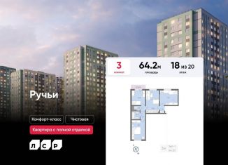 Трехкомнатная квартира на продажу, 64.2 м2, Санкт-Петербург, муниципальный округ Полюстрово