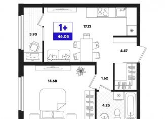 Продаю 1-ком. квартиру, 46.1 м2, Тюмень