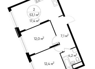 Продажа 2-ком. квартиры, 53.1 м2, деревня Рассказовка, деревня Рассказовка, 1