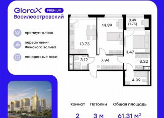 Продается 2-ком. квартира, 62.6 м2, Санкт-Петербург, Василеостровский район, улица Челюскина, 10