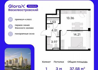 Продам 1-комнатную квартиру, 39.4 м2, Санкт-Петербург, улица Челюскина, 10, метро Зенит