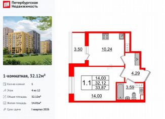 Продам однокомнатную квартиру, 32.1 м2, Санкт-Петербург, метро Озерки