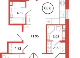 Трехкомнатная квартира на продажу, 88.6 м2, поселок Бугры, ЖК Энфилд