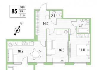 2-комнатная квартира на продажу, 71.9 м2, Санкт-Петербург, проспект Патриотов, 33, Красносельский район
