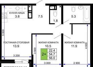 Продается 2-комнатная квартира, 56 м2, Краснодар, ЖК Дыхание
