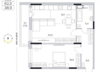 2-комнатная квартира на продажу, 62.3 м2, деревня Пирогово, улица Ильинского, 8, ЖК Пироговская Ривьера