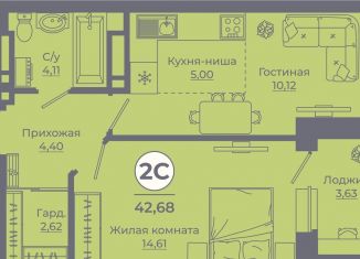 Двухкомнатная квартира на продажу, 42.4 м2, Ростов-на-Дону, Советский район