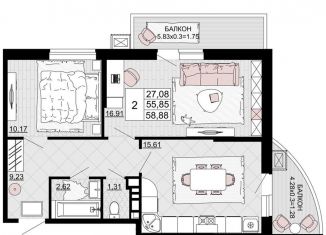 Продам 2-комнатную квартиру, 58.9 м2, Адыгея