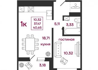 Однокомнатная квартира на продажу, 40.7 м2, Пенза, улица Баталина, 31