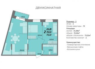 Продажа двухкомнатной квартиры, 73.2 м2, Ульяновск, Железнодорожный район