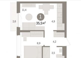 Однокомнатная квартира на продажу, 35.5 м2, Новосибирск, ЖК Авиатор, улица Аэропорт, 88