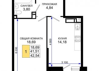 Продажа 1-комнатной квартиры, 42.5 м2, Краснодар, Прикубанский округ, Ростовское шоссе, 30/6