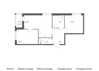 Двухкомнатная квартира на продажу, 58.4 м2, деревня Новосаратовка