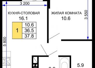 Продается 1-комнатная квартира, 37.8 м2, Краснодар, Прикубанский округ