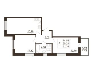 2-ком. квартира на продажу, 51.4 м2, Гатчина, улица Хохлова, 16